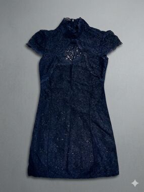 ASOS Petite Navy Lace Mini Dress with High Collar